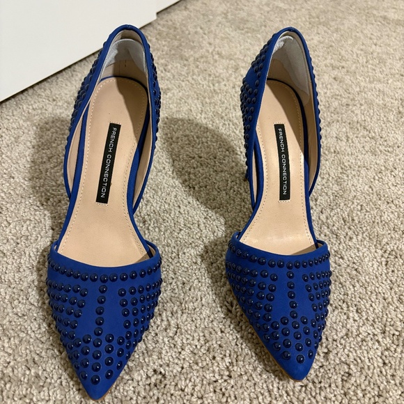 French Connection Blue Suede Studded Pointed Toe High Heels - New, No Tags/Box - Picture 1 of 7